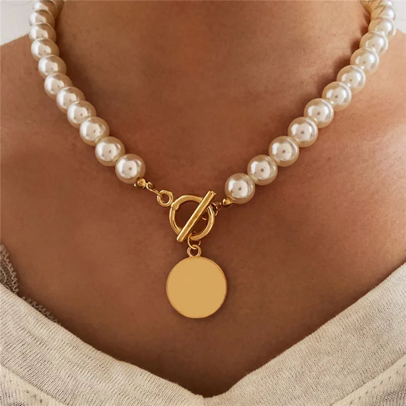 Wedding Pearl Choker Necklace For Women Vintage Coin Lock Pendant Chain Jewelry on the Neck Accessories Party Gift-Dollar Bargains Online Shopping Australia