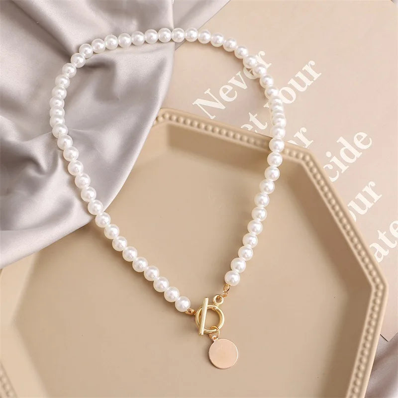 Wedding Pearl Choker Necklace For Women Vintage Coin Lock Pendant Chain Jewelry on the Neck Accessories Party Gift-Dollar Bargains Online Shopping Australia