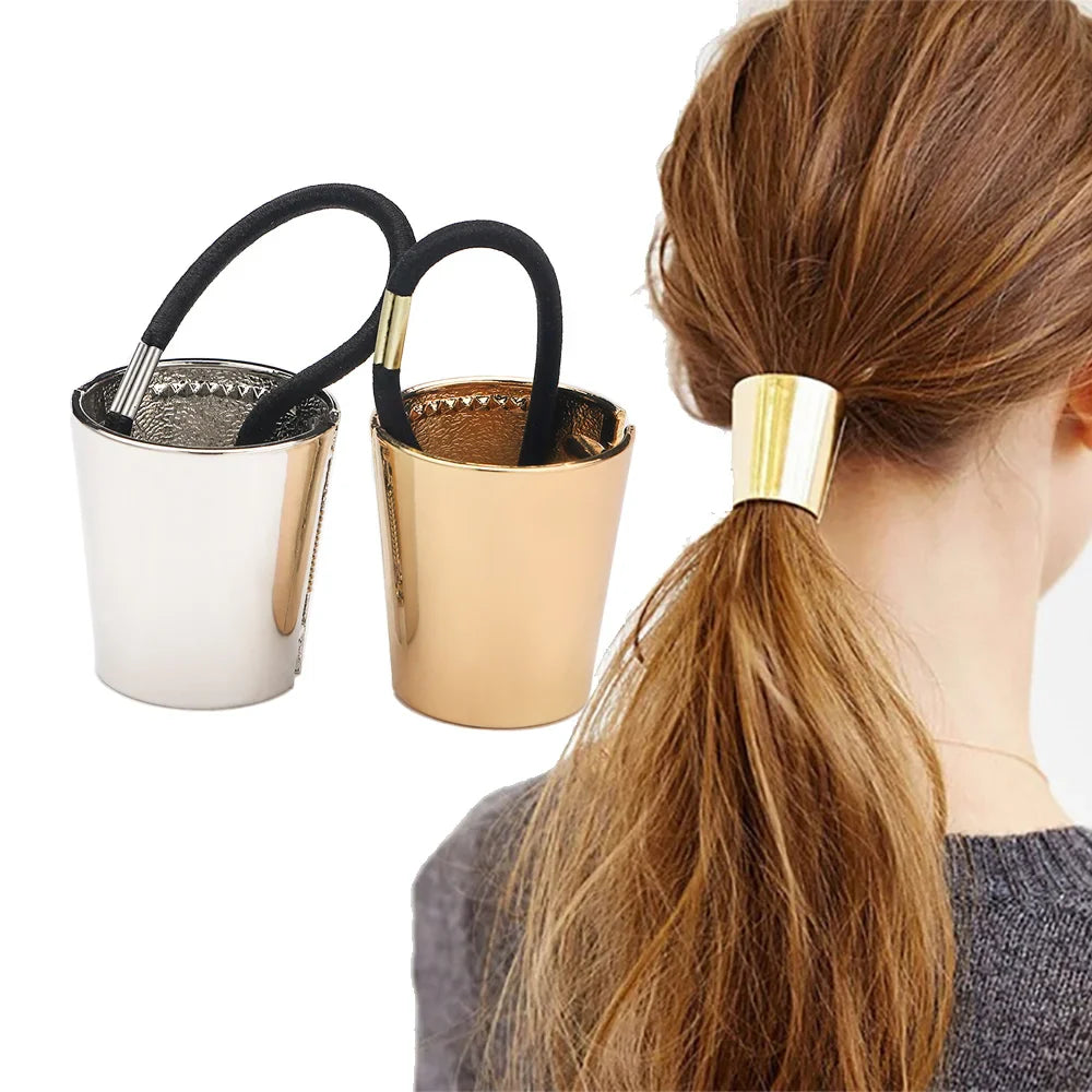 Women Punk Gothic Fake Metal Hair Cuff Ponytail Clip Tie Holder Hair Band Elastic Wrap Hair Accessories