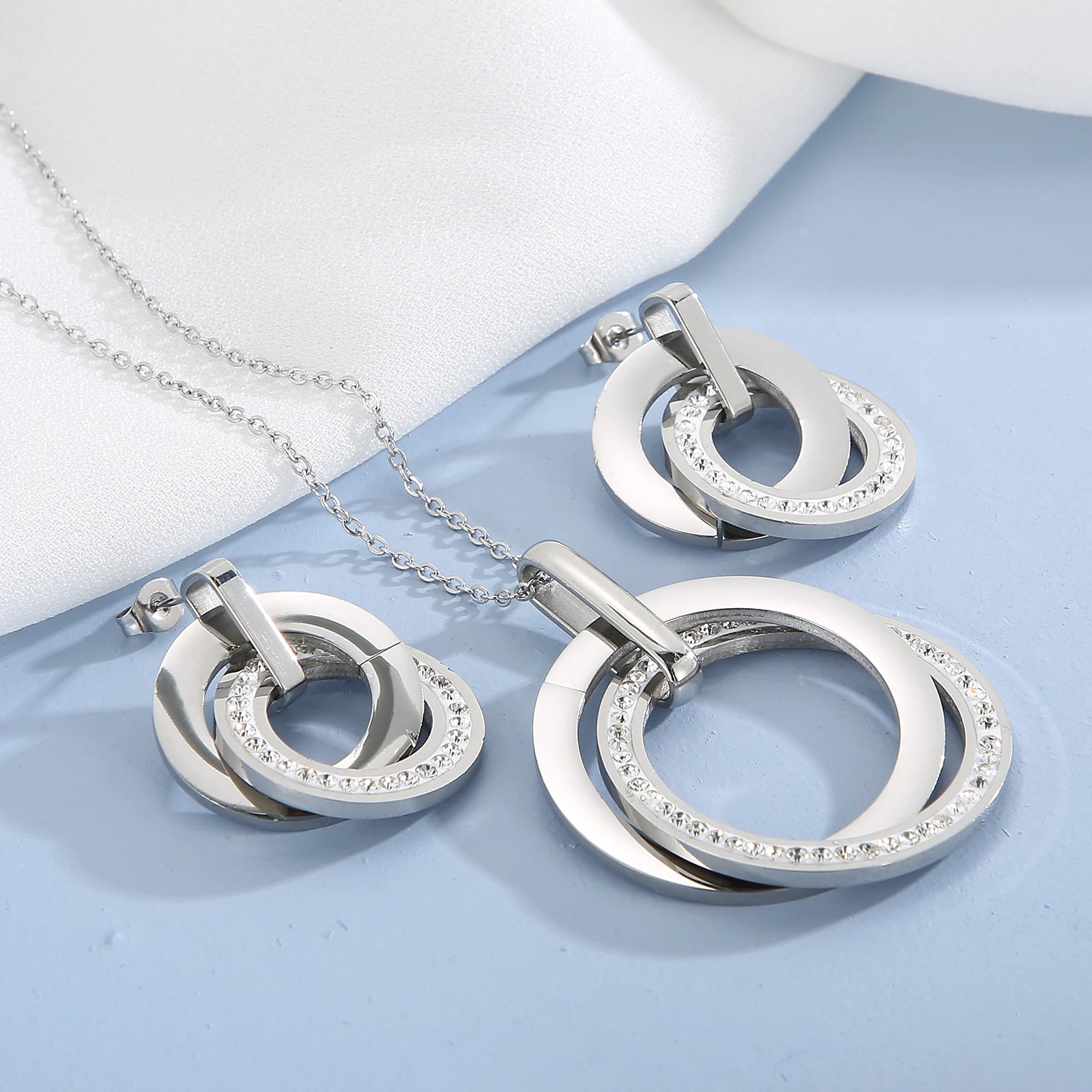 Stainless Steel Jewelry Sets For Women Three Rounds Pendant Necklace Earrings Set Women Fashion Zirconia Wedding Jewelry-Dollar Bargains Online Shopping Australia