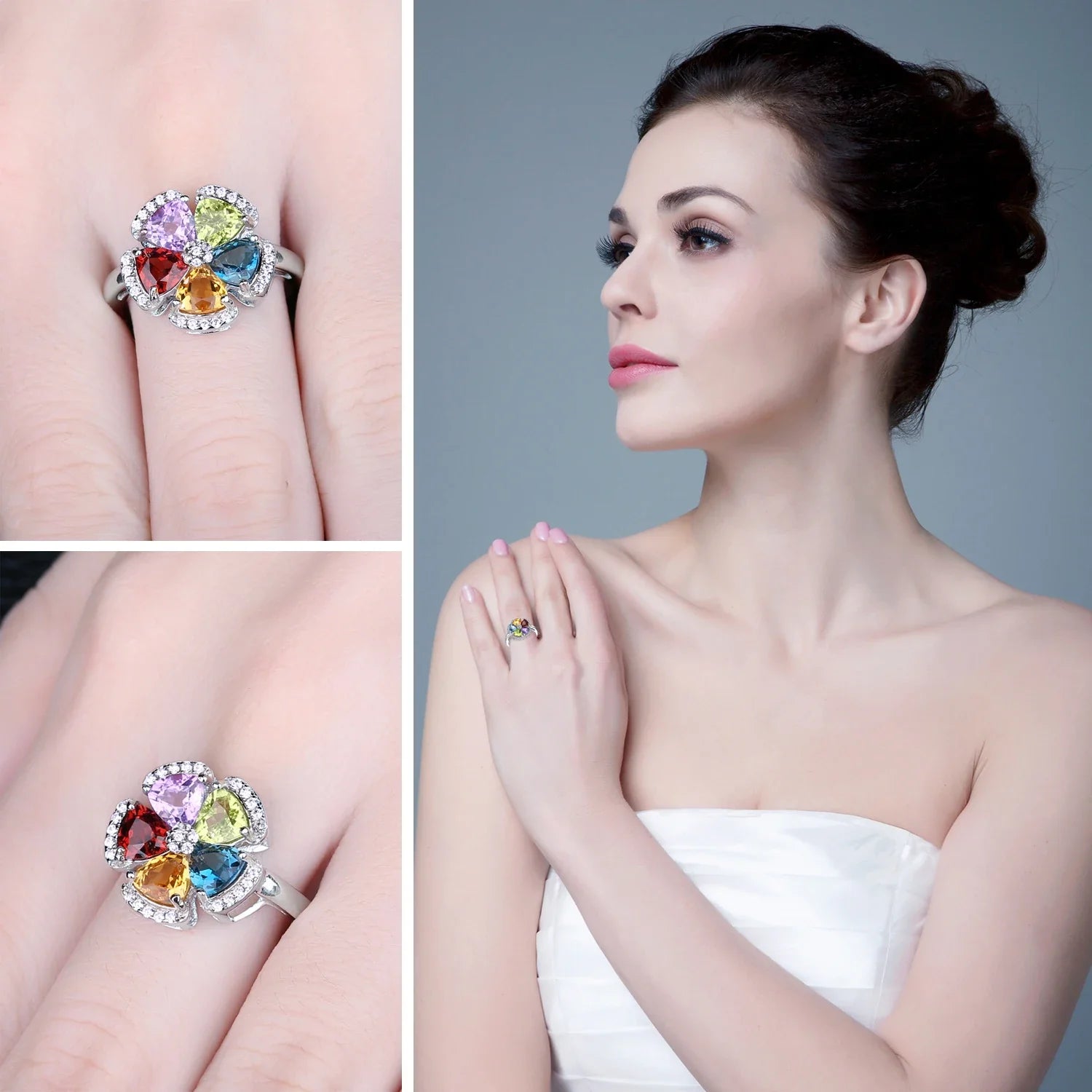 2.6ct Genuine Blue Topaz Amethyst Citrine Garnet Peridot Open Adjustable Cocktail Promise Ring 925 Sterling Silver