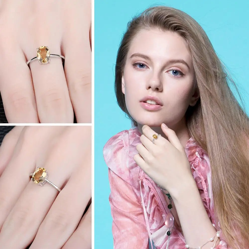 Oval Yellow Genuine Natural Citrine 925 Sterling Silver Rings for Women Fashion Gemstone Solitaire Engagement Band