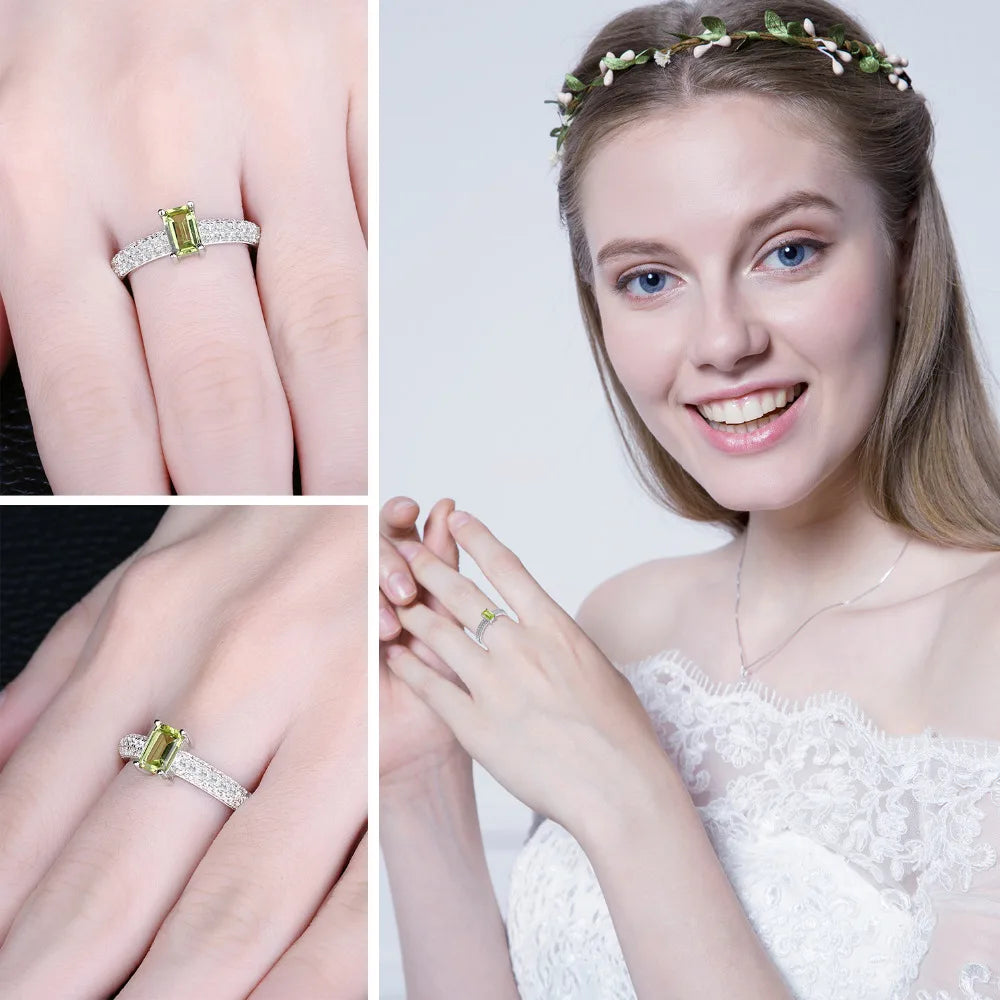 Emerald Cut Natural Peridot 925 Sterling Silver Solitaire Ring for Women Gemstone Fine Jewelry Anniversary Gift