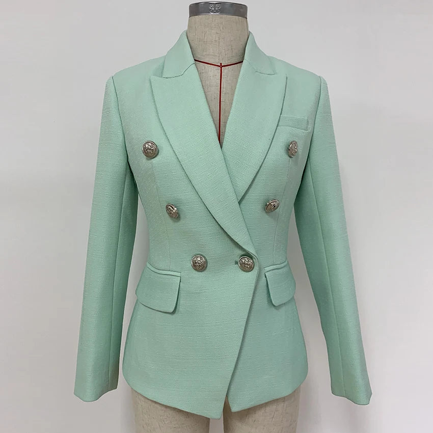 Classic Baroque Designer Jacket Women's Metal Lion Buttons Double Breasted Textured Blazer Mint Green-Dollar Bargains Online Shopping Australia