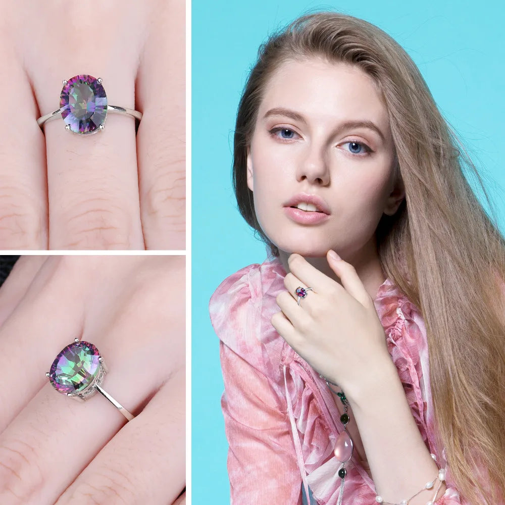 Genuine Natual Oval Rainbow Fire Mystic Quartz Solid 925 Sterling Silver Ring for Women Fashion Vintage Jewelry