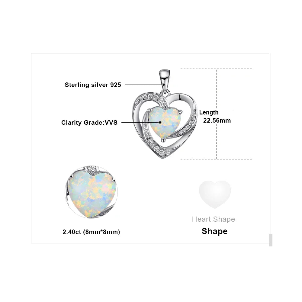 Heart Love 2.4ct Created Opal 925 Sterling Silver Pendant Necklace for Women No Chain