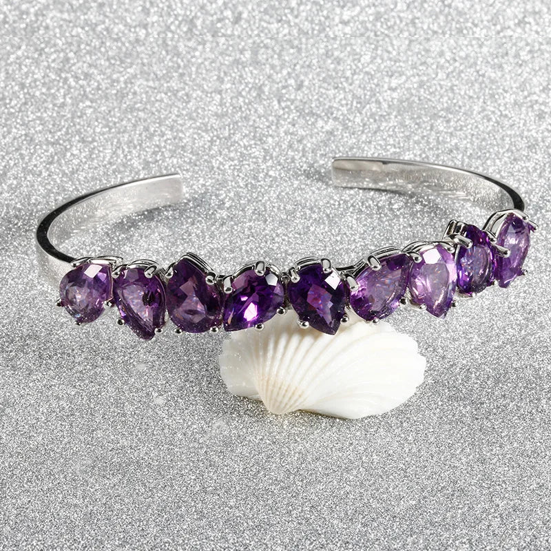 Sterling Silver 925 Bangle For Women Fine Jewelry Bracelet Purple WaterDrop Pear Amethyst Wedding Valentine Day Gift Adjustable-Dollar Bargains Online Shopping Australia
