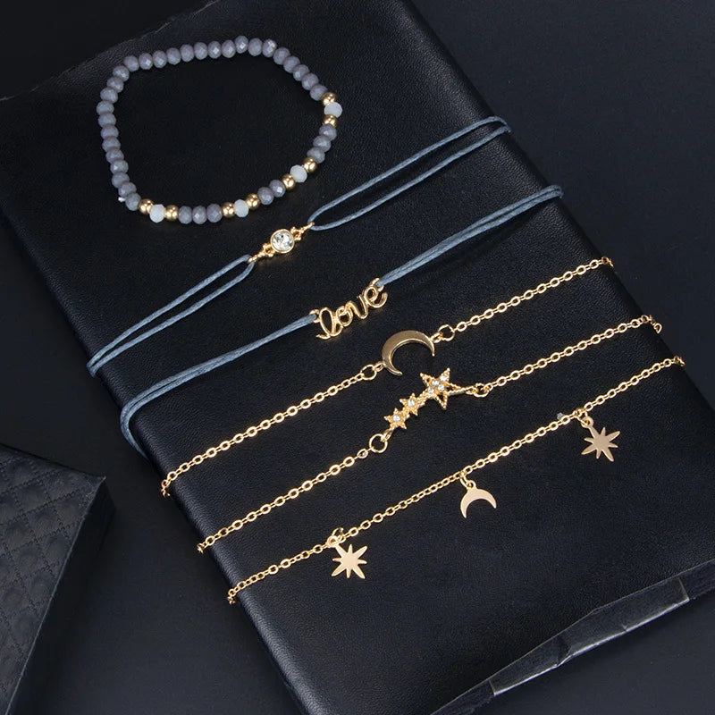 Tocona Boho Love Moon Bracelets for Women Charms Bead Gold Color Star Clear Crystal Stone Letter Rope-Dollar Bargains Online Shopping Australia