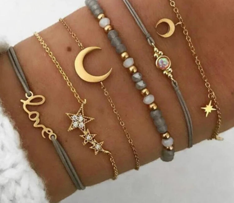 Tocona Boho Love Moon Bracelets for Women Charms Bead Gold Color Star Clear Crystal Stone Letter Rope-Dollar Bargains Online Shopping Australia