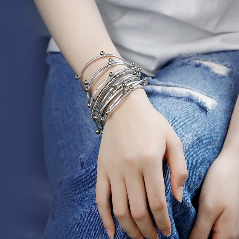 Metal Beads Charm Leather Bracelets for Women Fashion Crystal Chain Bohemian Multilayer Wrap Bracelet Female Jewelry-Dollar Bargains Online Shopping Australia