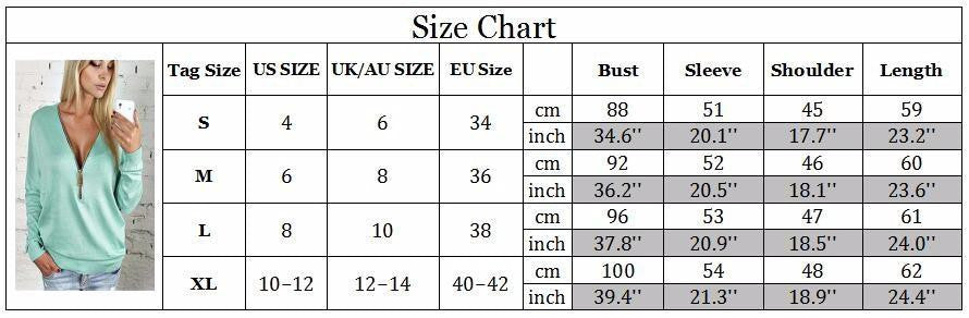 Women Deep V Zip Long Sleeve Tops Pullover Sweatshirt Jumper Jacket Coat