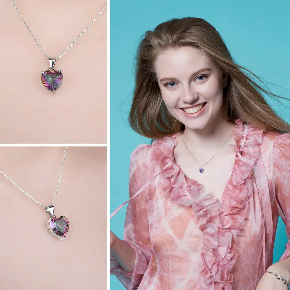 Heart Natural Rainbow Fire Mystic Quartz 925 Sterling Silver Pendant Necklace for Women Gemstone Choker No Chain
