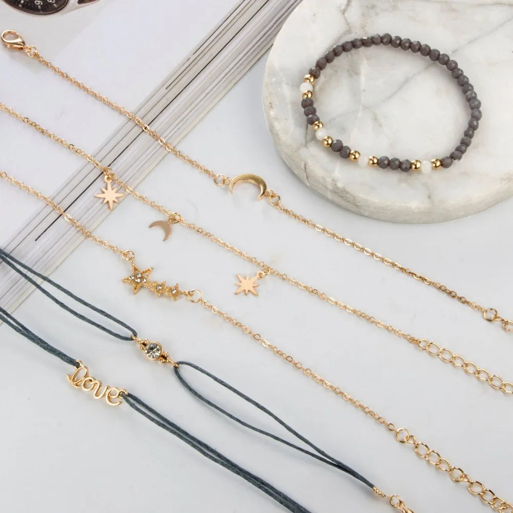 Tocona Boho Love Moon Bracelets for Women Charms Bead Gold Color Star Clear Crystal Stone Letter Rope-Dollar Bargains Online Shopping Australia