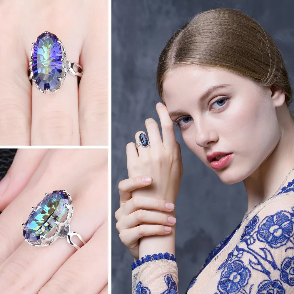 Large Genuine Natural Rainbow Fire Mystic Quartz Solid 925 Sterling Silver Ring for Women Statement Cocktail Ring