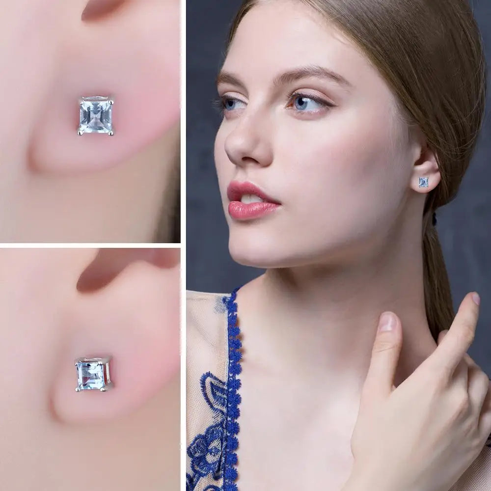 Square Genuine Blue Topaz Amethyst Citrine Garnet Created Sapphire Ruby Emerald 925 Sterling Silver Stud Earrings