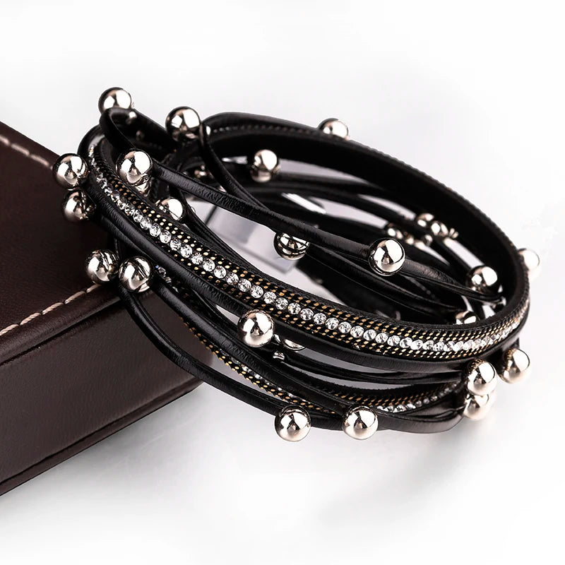 Metal Beads Charm Leather Bracelets for Women Fashion Crystal Chain Bohemian Multilayer Wrap Bracelet Female Jewelry-Dollar Bargains Online Shopping Australia