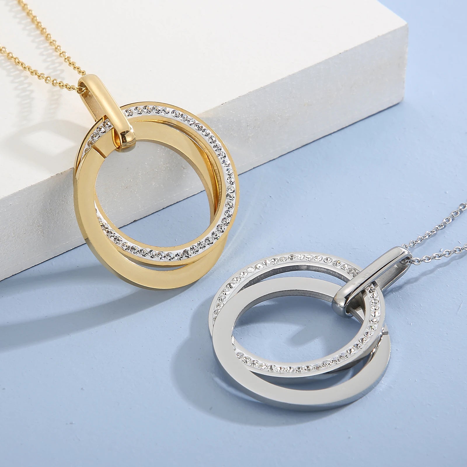 Stainless Steel Jewelry Sets For Women Three Rounds Pendant Necklace Earrings Set Women Fashion Zirconia Wedding Jewelry-Dollar Bargains Online Shopping Australia