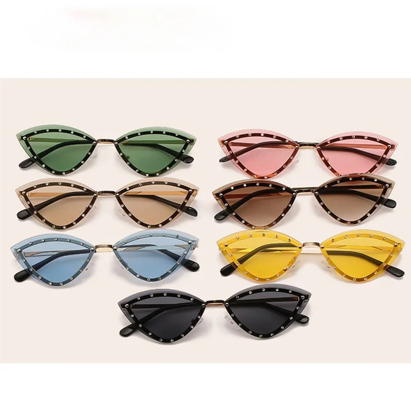 Triangle Cat Eye Sunglasses Alloy Rimless Crystal Shiny Sun Glasses Female Unique Elegant Green Rhinestone Shades-Dollar Bargains Online Shopping Australia