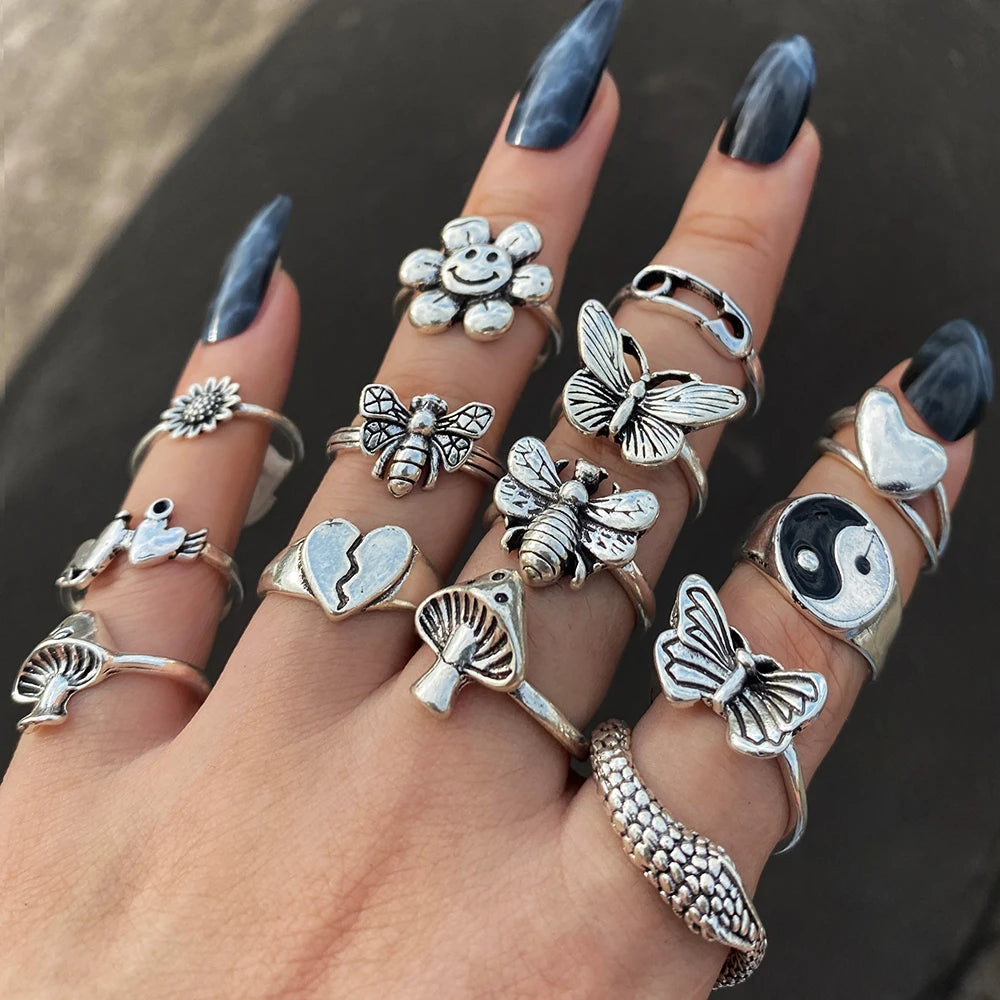 Vintage Gothic Butterfly Snake Angle Flower Multi Element Ring Set For Women Men Retro Personality Finger Adjustable Ring Gifts-Dollar Bargains Online Shopping Australia