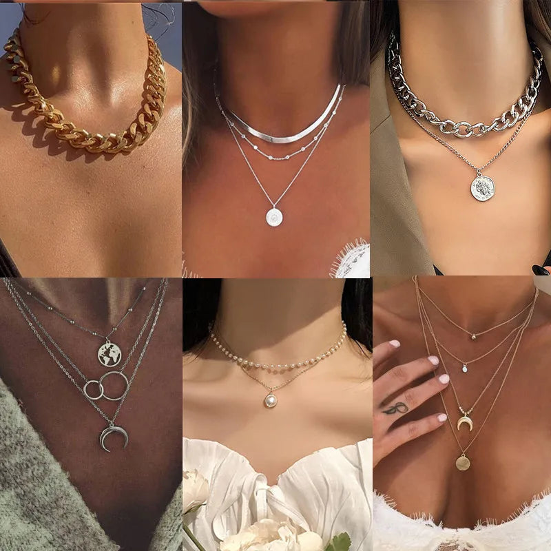 Bohemia Multilayer Necklace For Women Gold Silver Color Pearl Choker Necklaces