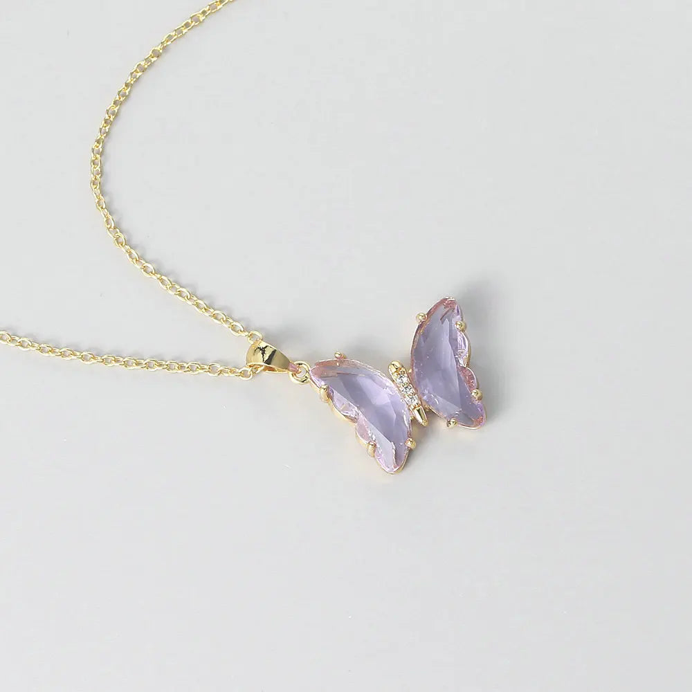 Butterfly Necklace For Women Aesthetic Pink Purple Crystal Pendant Choker Chain