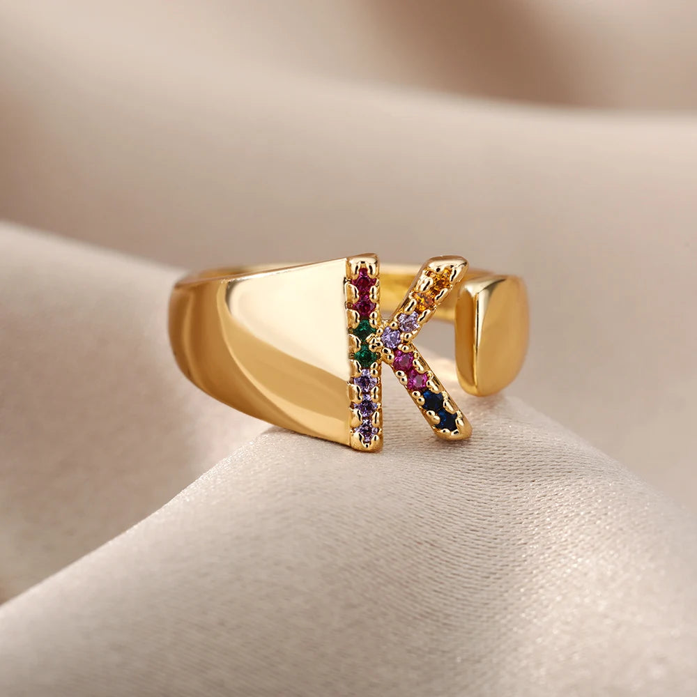 Rainbow Zircon Letter Rings For Women Fashion Chunky Wide Letter A-Z Stainless Steel Ring Wedding Boho-Dollar Bargains Online Shopping Australia