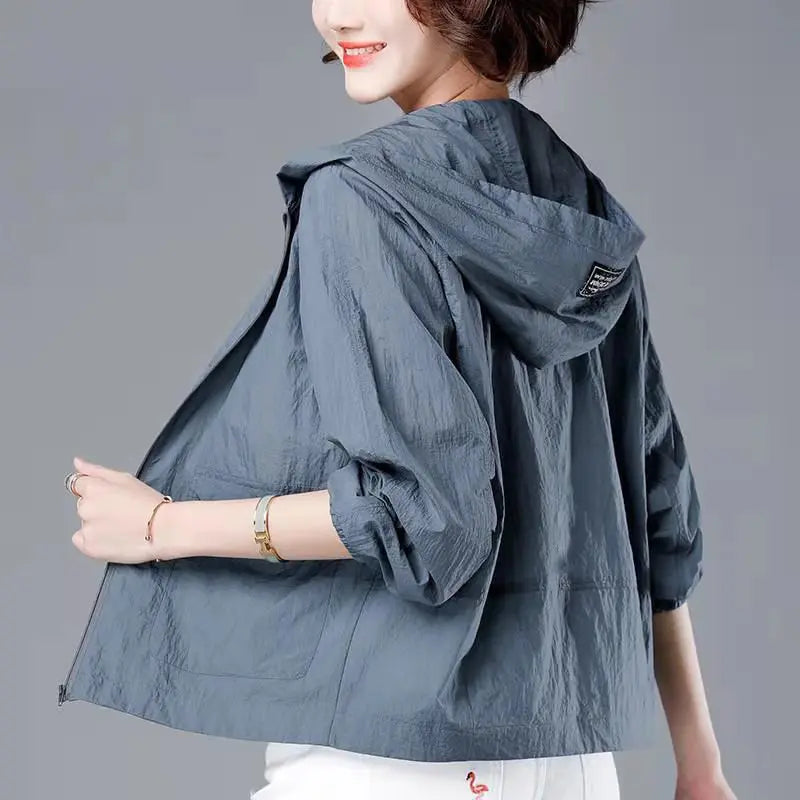 Korean Fashion Solid Color Women's Spring Jacket All-Match Jackets Hooded Thin Sunscreen Coat-Dollar Bargains Online Shopping Australia