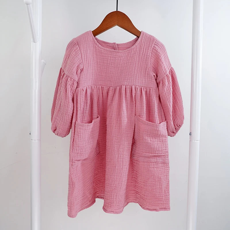 Children's Organic Cotton Double Gauze Loose Pockets Baby Girls Dress Fashion Princess Casual Kids Dresses-Dollar Bargains Online Shopping Australia