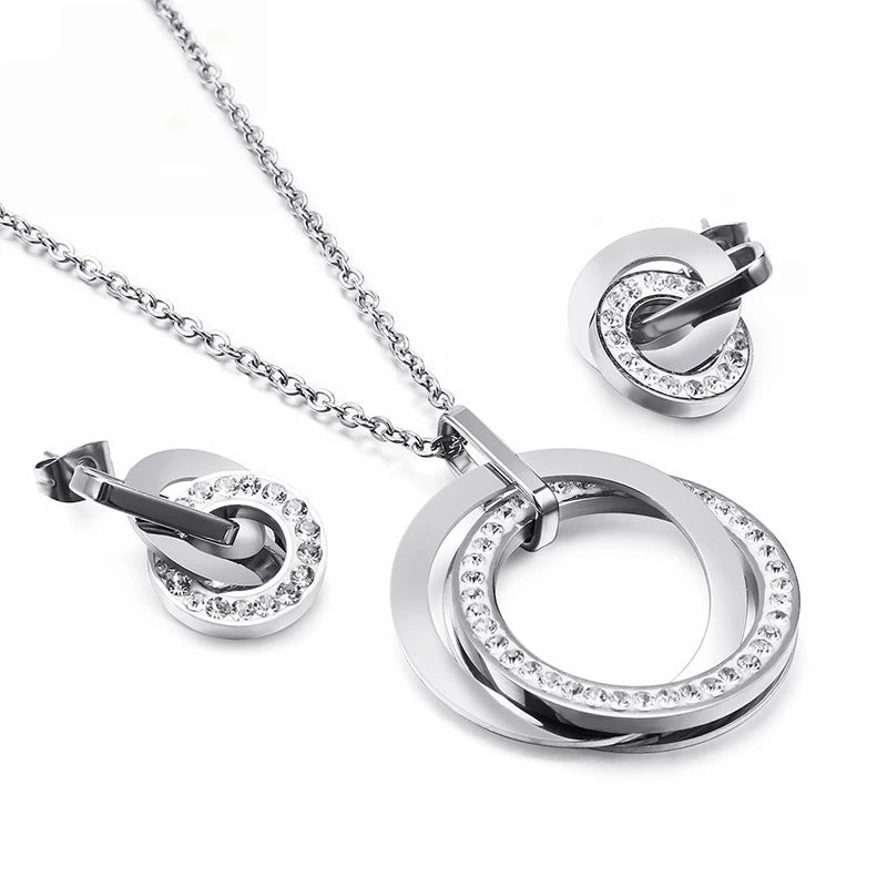 Stainless Steel Jewelry Sets For Women Three Rounds Pendant Necklace Earrings Set Women Fashion Zirconia Wedding Jewelry-Dollar Bargains Online Shopping Australia