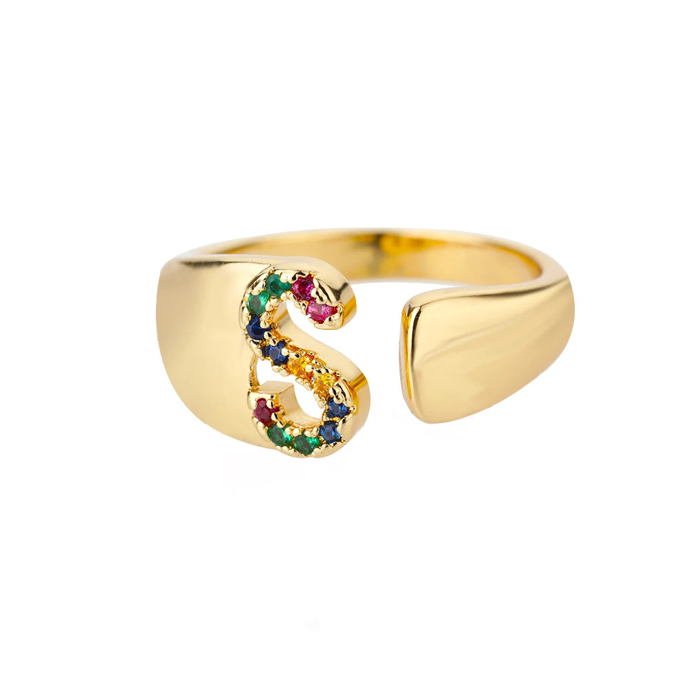 Rainbow Zircon Letter Rings For Women Fashion Chunky Wide Letter A-Z Stainless Steel Ring Wedding Boho-Dollar Bargains Online Shopping Australia