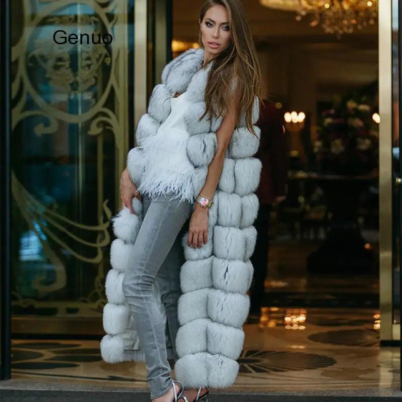 10-section Luxury Faux Fur Winter Vest Jacket Sleeveless Thick Warm Horizontal Striped Long Style Fluffy
