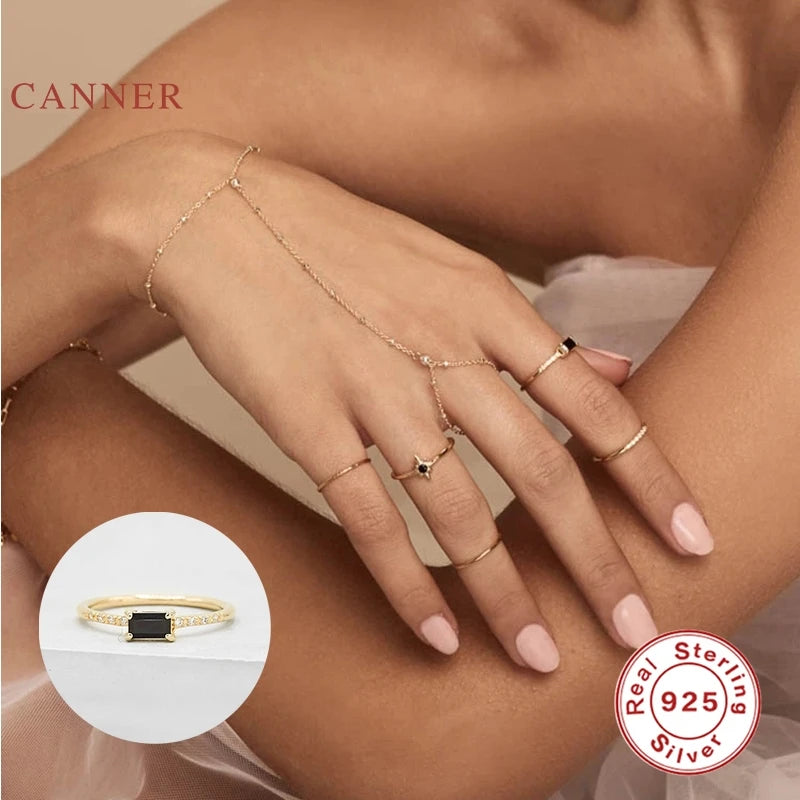 Square Black Diamond Ring Sterling Silver Gold Rings For Women Luxury Fine Jewelry Wedding Rings-Dollar Bargains Online Shopping Australia