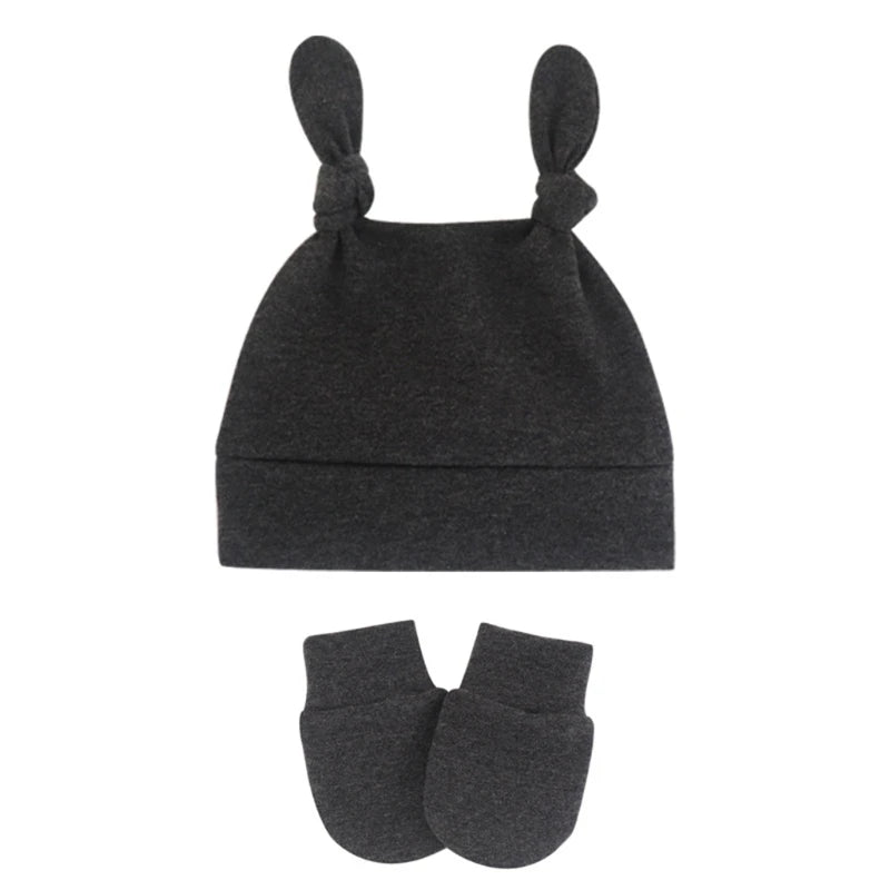 Baby Cute Top Knot Rabbit Ears Beanies Hospital Hat and Mittens Set Newborn Infant Solid Color Stretchy Warm-Dollar Bargains Online Shopping Australia