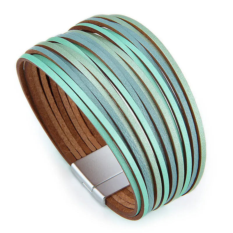 Mixed Color Multilayer Women Bracelet Handmade Leather Bracelet For Women Magnet Buckle Wide Bracelet