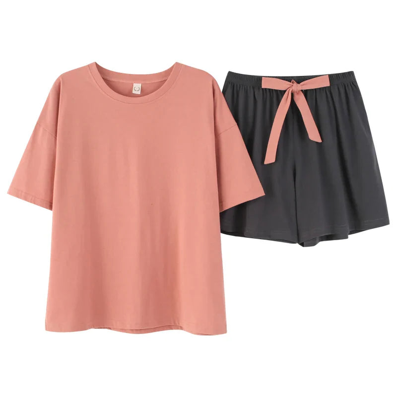 Women Pyjamas Set Simple Solid Color Nightwear Young Girls Sleepwear Short Sleeve Clothing Set