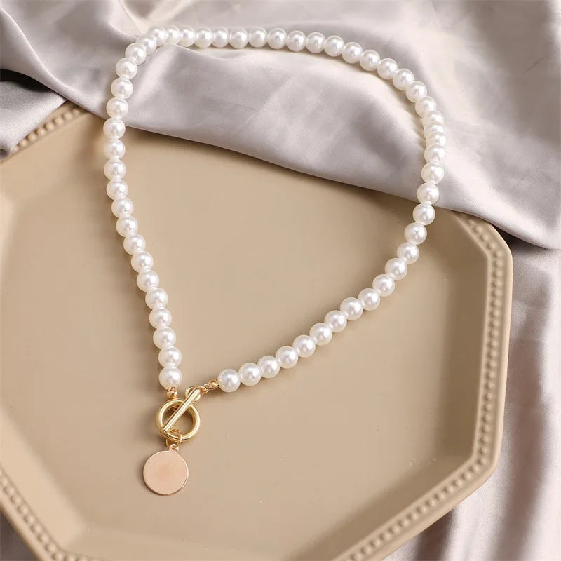 Wedding Pearl Choker Necklace For Women Vintage Coin Lock Pendant Chain Jewelry on the Neck Accessories Party Gift-Dollar Bargains Online Shopping Australia