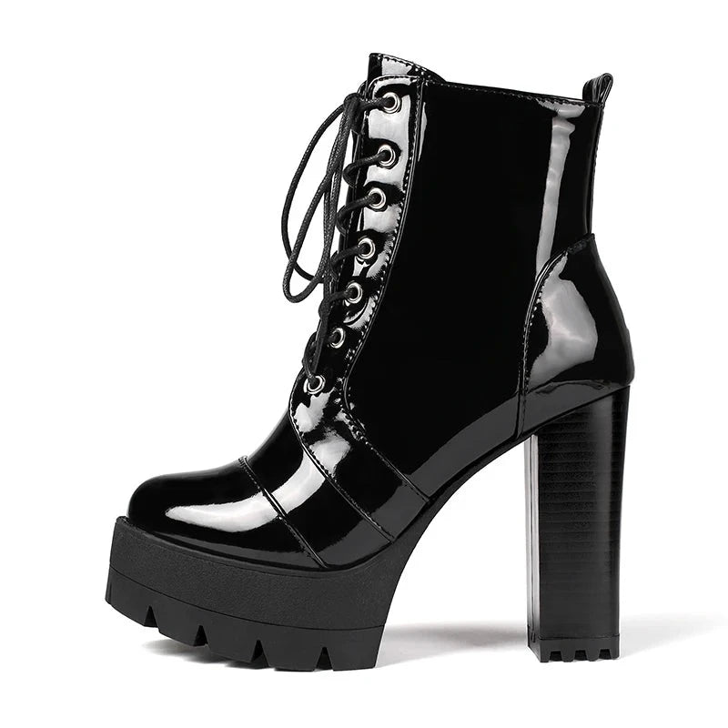 Thick High Heeled Female Patent Leather Ankle Boots Round Toe Lace-up Zipper Women Short Boots Gothic Women Shoes-Dollar Bargains Online Shopping Australia