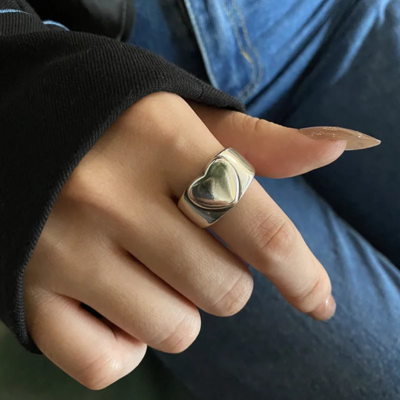 925 Sterling Silver Retro Love Heart Wide Glossy Net Red Ring for Women Girl Gift Jewelry