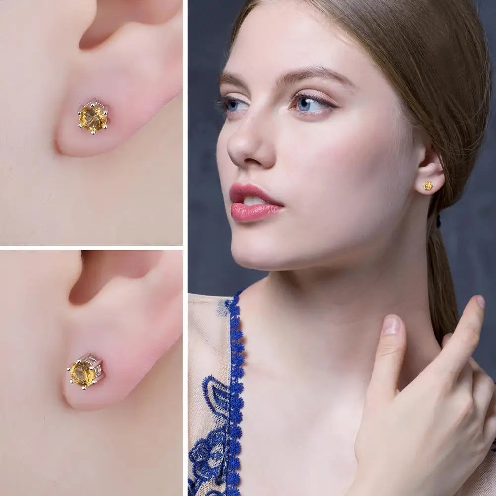 Round Natural Yellow Citrine 925 Sterling Silver Stud Earrings for Women Statement Fashion Gemstone Jewelry Gift