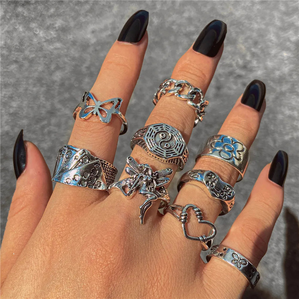 Vintage Gothic Butterfly Snake Angle Flower Multi Element Ring Set For Women Men Retro Personality Finger Adjustable Ring Gifts-Dollar Bargains Online Shopping Australia