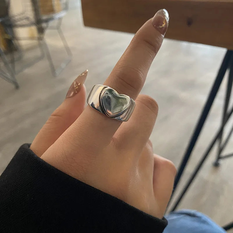 925 Sterling Silver Retro Love Heart Wide Glossy Net Red Ring for Women Girl Gift Jewelry