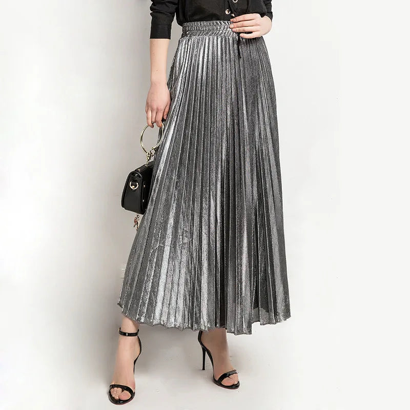 women clothes high waist A-line pleated sliver vintage elastic long halfbody skirt-Dollar Bargains Online Shopping Australia