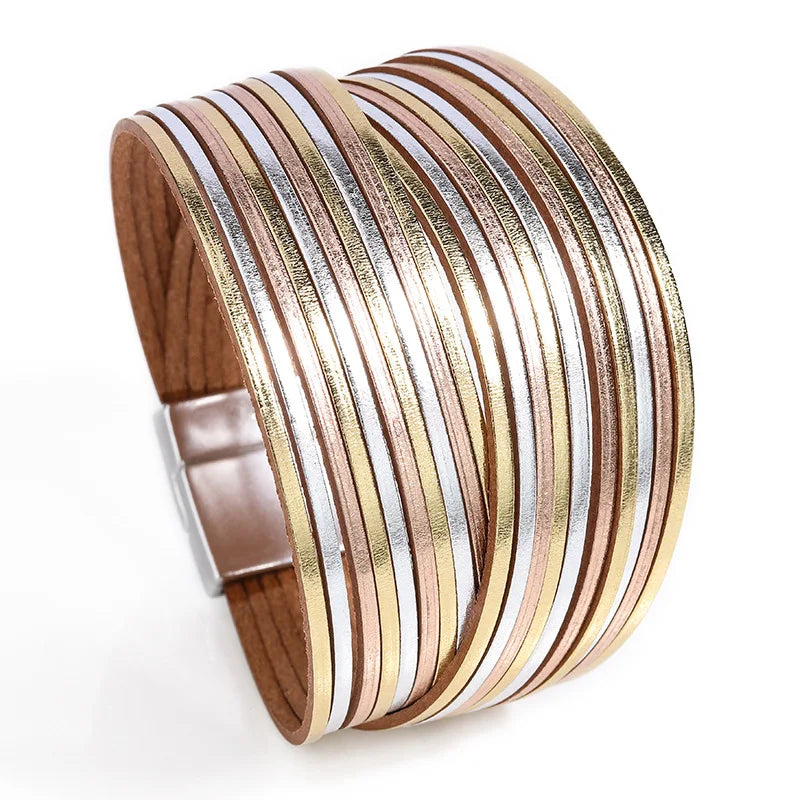Mixed Color Multilayer Women Bracelet Handmade Leather Bracelet For Women Magnet Buckle Wide Bracelet