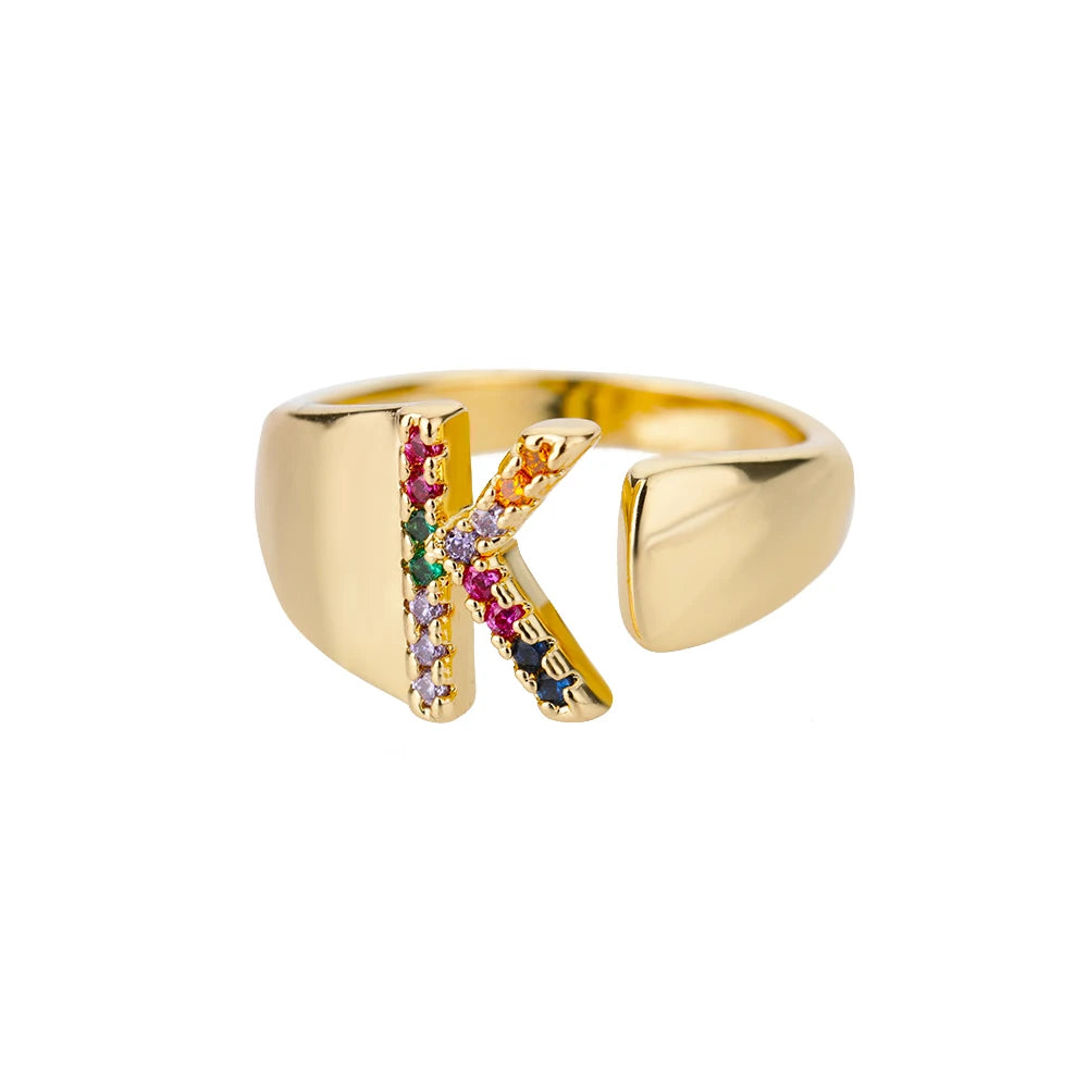 Rainbow Zircon Letter Rings For Women Fashion Chunky Wide Letter A-Z Stainless Steel Ring Wedding Boho-Dollar Bargains Online Shopping Australia