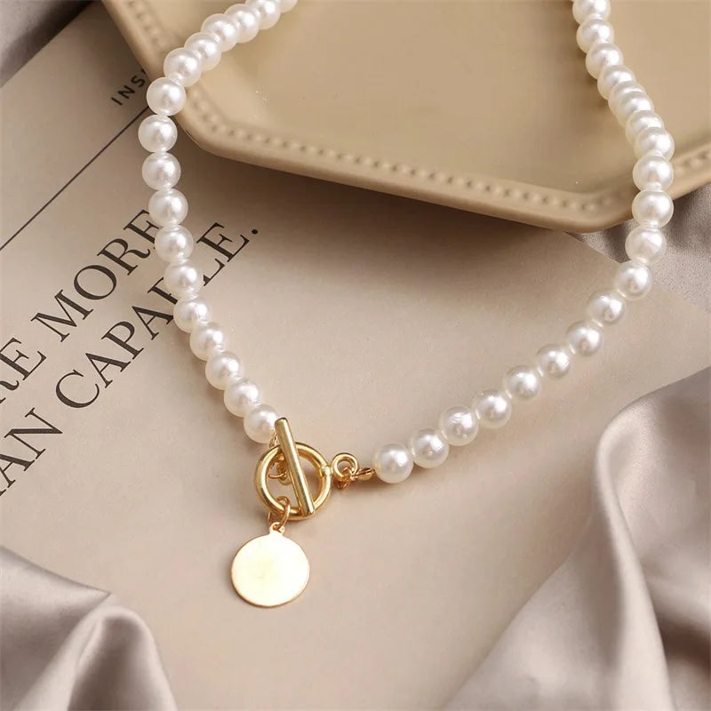 Wedding Pearl Choker Necklace For Women Vintage Coin Lock Pendant Chain Jewelry on the Neck Accessories Party Gift-Dollar Bargains Online Shopping Australia