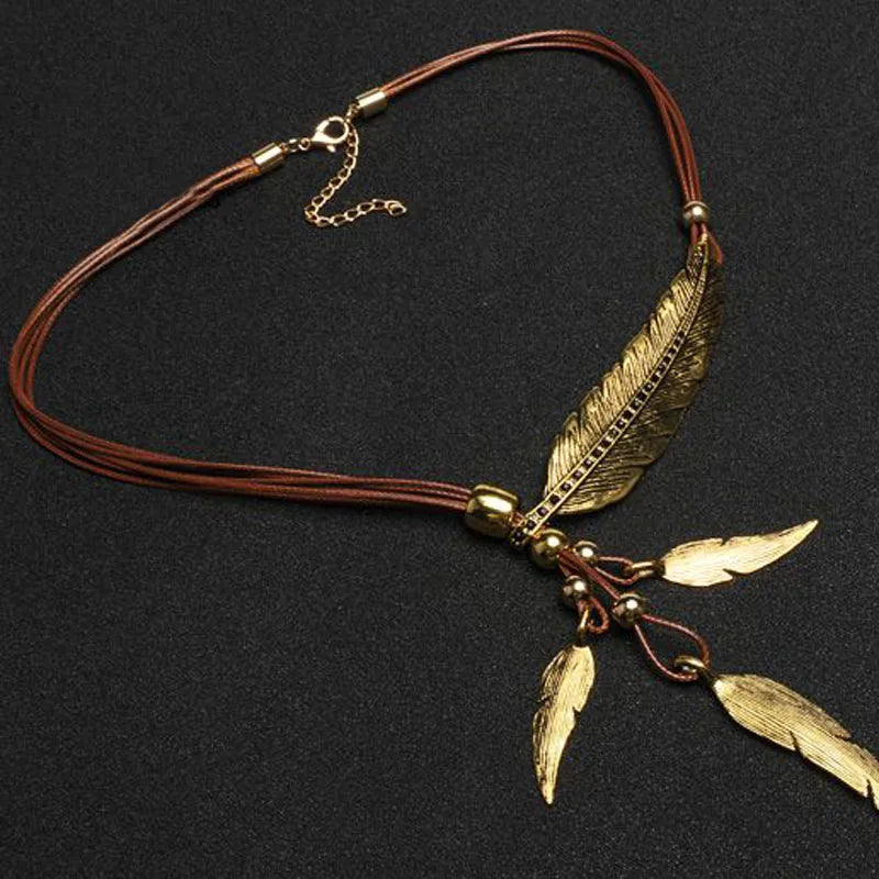 New Bohemian Style Rope Chain Leaf Feather Pattern Pendant For Women Fine Jewelry Statement Necklace-Dollar Bargains Online Shopping Australia