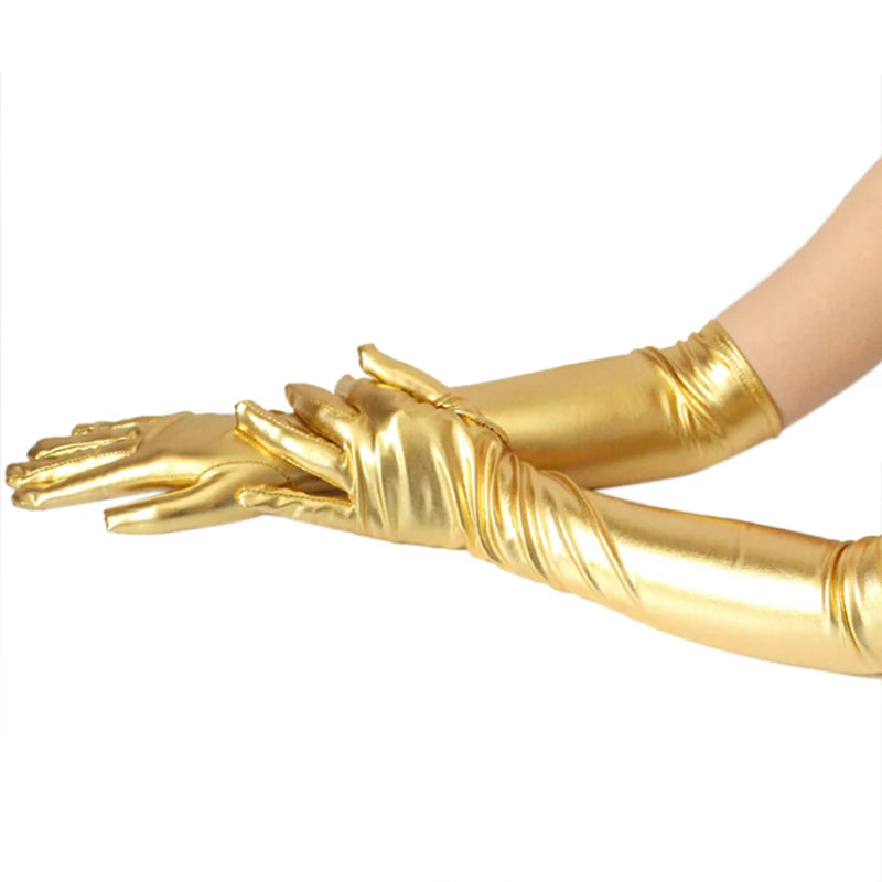 Gold Silver Wet Look Fake Leather Metallic Gloves Evening Party Performance Mittens Women Sexy Elbow Length Long Latex Gloves-Dollar Bargains Online Shopping Australia