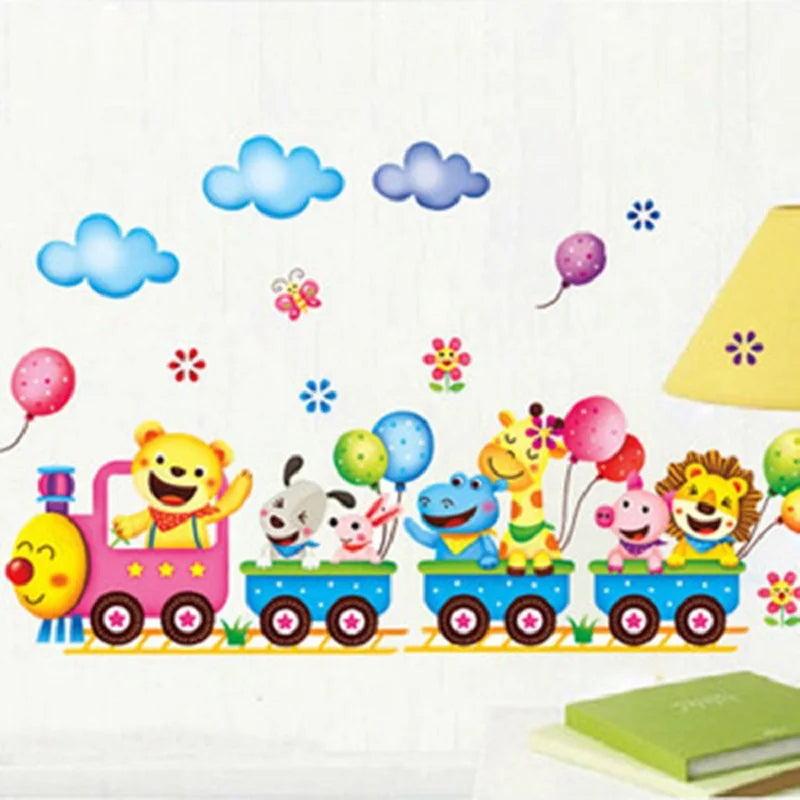 Cartoon Cute Animals Train Balloon DIY Removable Wall Stickers girls Bedroom Home Decor Mural Decal Wardrobe Art Decoration
