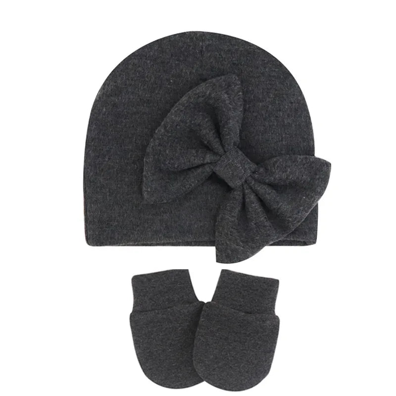 Infant Comfortable Warm Knitting Hat and Glove Set Solid Color Bows Newborn Cap Baby Anti-eat Hand Anti-Grab Face Protect Mitten-Dollar Bargains Online Shopping Australia