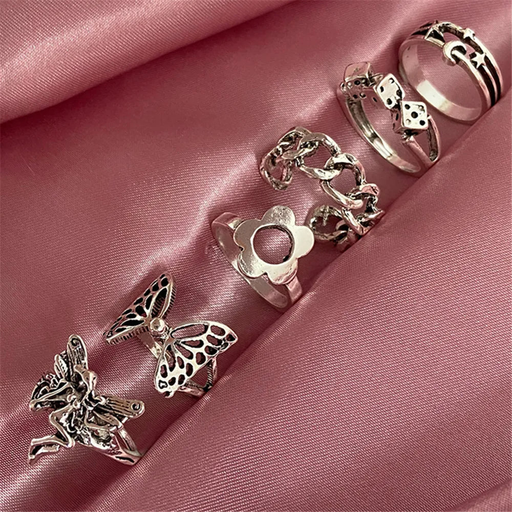 Vintage Gothic Butterfly Snake Angle Flower Multi Element Ring Set For Women Men Retro Personality Finger Adjustable Ring Gifts-Dollar Bargains Online Shopping Australia